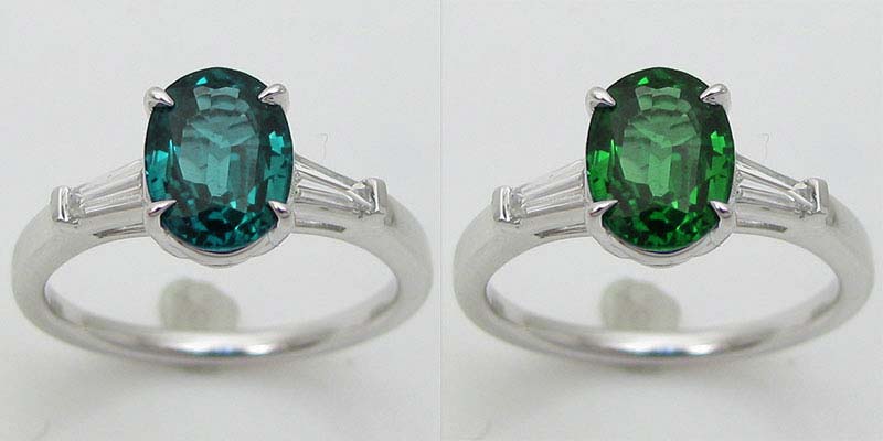 Emerald stone color distortion to the left and fixed color during photo editing process.
